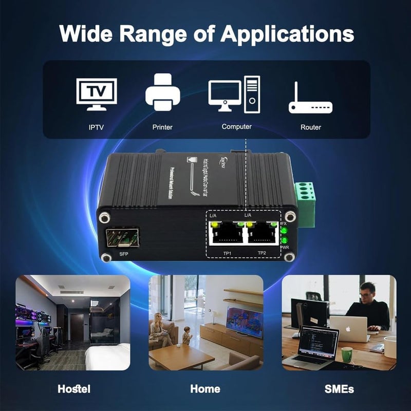 Lcantve محول وسائط الألياف إلى إيثرنت الصناعي Mini 1.25G SFP يدعم تركيب على سكة DIN، 1x 100/1000Base-X فتحات SFP إلى 2X 10/100/1000Base-T RJ45 محول ألياف 2 منفذ، 12~48V مدخل طاقة DC - Image 4
